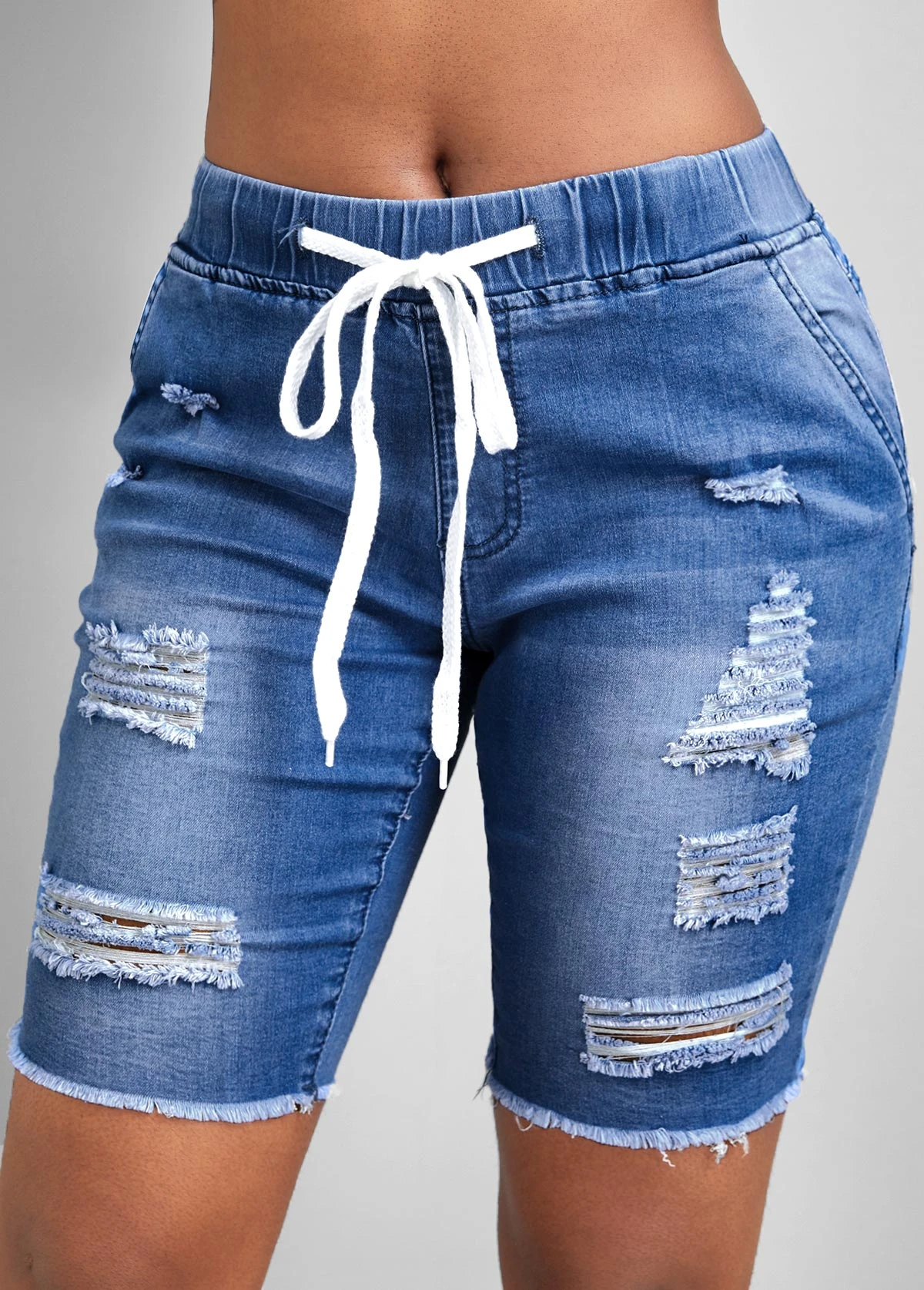 Hole Blue Skinny Elastic Waist Denim Shorts 5 Hole Blue Skinny Elastic Waist Denim Shorts - Image 3