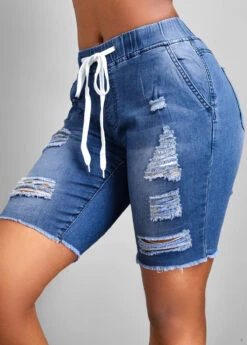 Hole Blue Skinny Elastic Waist Denim Shorts