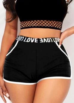 High Waisted Black Letter Print Swim Shorts
