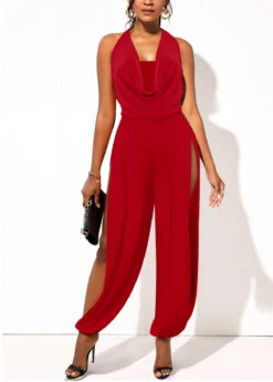 Wine Red Sleeveless Lightweigh Draped Neck Jumpsuit
