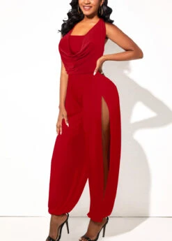 Wine Red Sleeveless Lightweigh Draped Neck Jumpsuit -Rosewe Promotion Store 326641 P 1676451800973