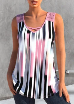 Striped Criss Cross Light Pink Tank Top