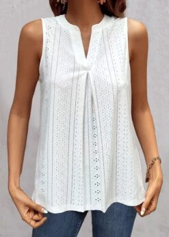Sleeveless Split Neck White Tank Top -Rosewe Promotion Store 326778 P 1676545009594