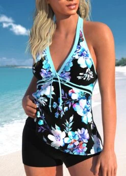 Floral Print Bowknot Cyan Tankini Top-No Bottom -Rosewe Promotion Store 326795 P 1678093009346