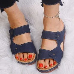 Open Toe Mid Heel Dark Blue Sliders