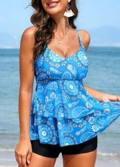 Mid Waisted Paisley Print Layered Blue Tankini Set -Rosewe Promotion Store 326882 P 16796501724134