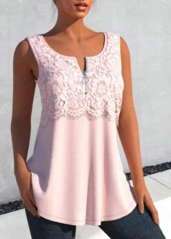 Light Pink Round Neck Lace Tank Top -Rosewe Promotion Store 326907 P 1677550353649