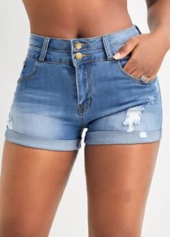 Hole Denim Blue Skinny Zipper Fly Shorts -Rosewe Promotion Store 326972 P 16774952452763