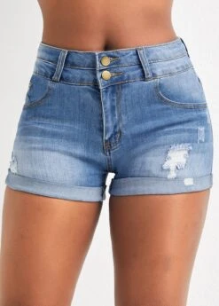 Hole Denim Blue Skinny Zipper Fly Shorts -Rosewe Promotion Store 326972 P 16774952457800
