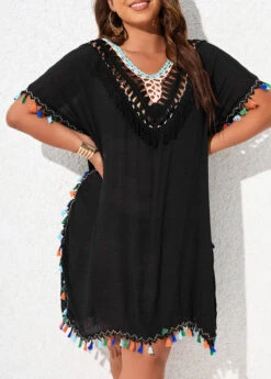 V Neck Black Plus Size Tassel Cover Up 9 V Neck Black Plus Size Tassel Cover Up -Rosewe Promotion Store 327047 P 16786917331852