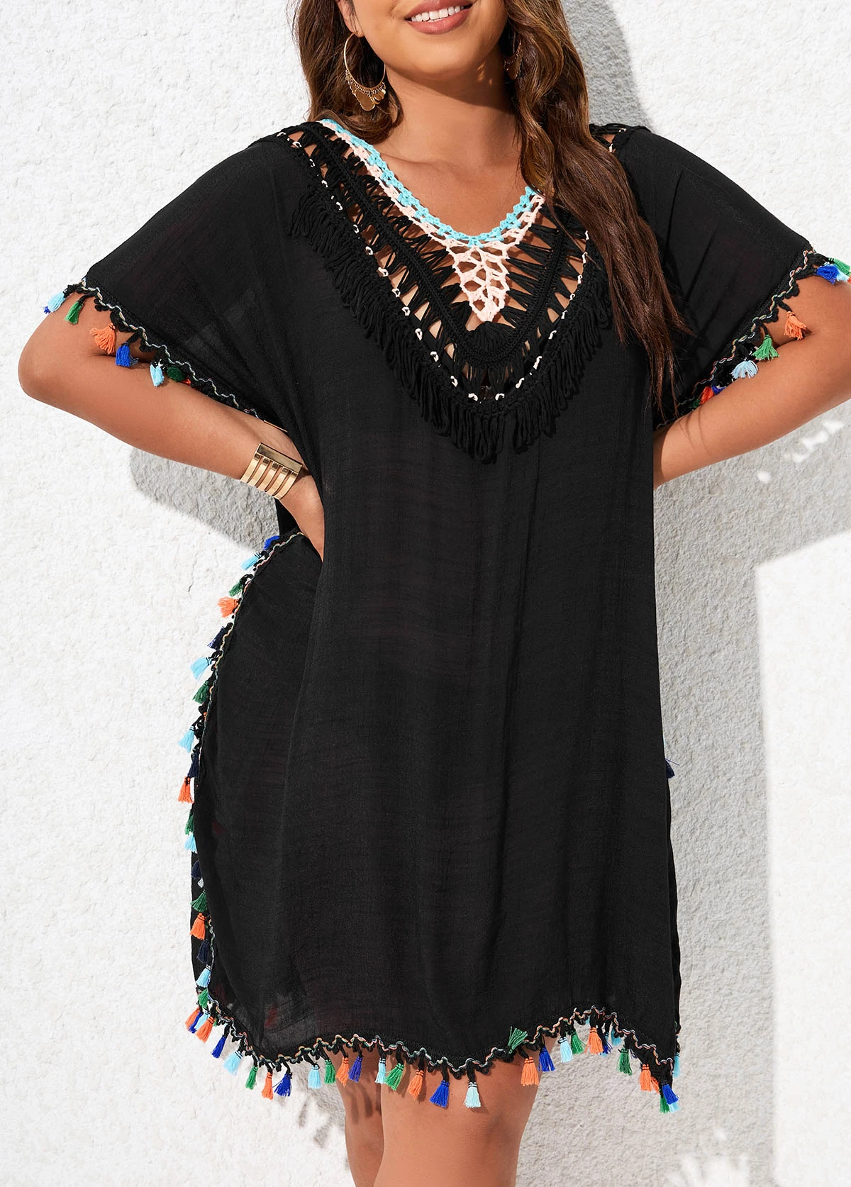 V Neck Black Plus Size Tassel Cover Up 5 V Neck Black Plus Size Tassel Cover Up - Image 3
