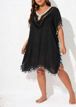 V Neck Black Plus Size Tassel Cover Up 10 V Neck Black Plus Size Tassel Cover Up -Rosewe Promotion Store 327047 P 16786917332733