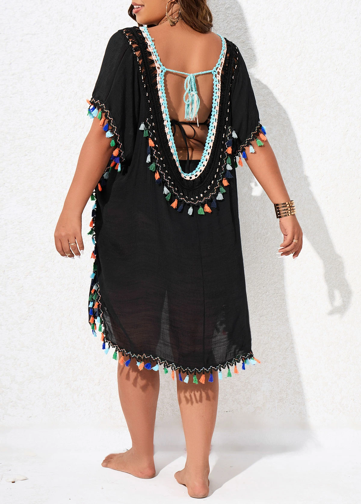 V Neck Black Plus Size Tassel Cover Up 4 V Neck Black Plus Size Tassel Cover Up - Image 2