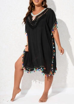 V Neck Black Plus Size Tassel Cover Up 11 V Neck Black Plus Size Tassel Cover Up -Rosewe Promotion Store 327047 P 16786917335474