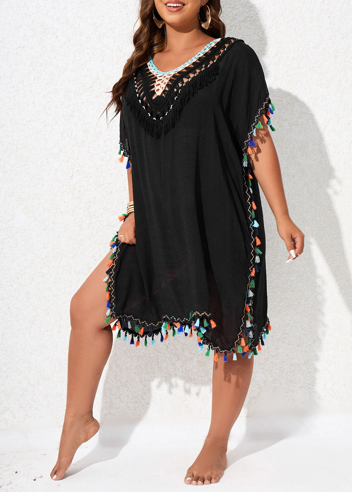 V Neck Black Plus Size Tassel Cover Up 7 V Neck Black Plus Size Tassel Cover Up - Image 5