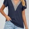 Navy V Neck Short Sleeve Patchwork T Shirt -Rosewe Promotion Store 327056 P 1676857078932