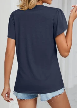 Navy V Neck Short Sleeve Patchwork T Shirt -Rosewe Promotion Store 327056 P 1676857079320