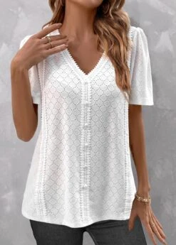 White V Neck Short Sleeve Button Blouse