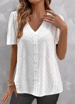 White V Neck Short Sleeve Button Blouse -Rosewe Promotion Store 327092 P 1676888212606