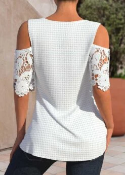 Lace White V Neck Cold Shoulder T Shirt 6 Lace White V Neck Cold Shoulder T Shirt -Rosewe Promotion Store 327184 P 1677490995650