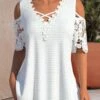 Lace White V Neck Cold Shoulder T Shirt -Rosewe Promotion Store 327184 P 1677490995989