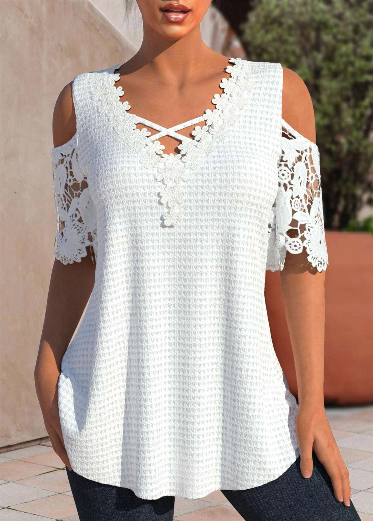 Lace White V Neck Cold Shoulder T Shirt 3 Lace White V Neck Cold Shoulder T Shirt