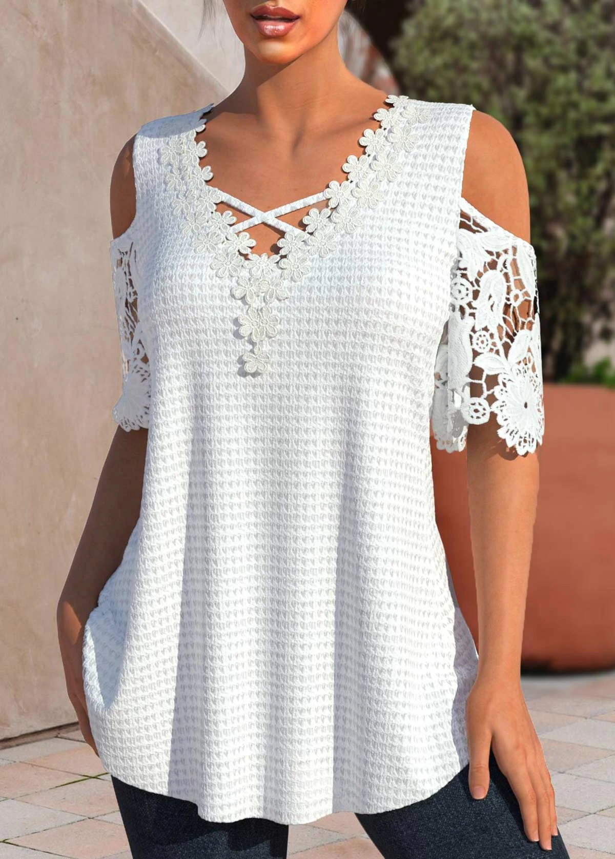 Lace White V Neck Cold Shoulder T Shirt 5 Lace White V Neck Cold Shoulder T Shirt - Image 3