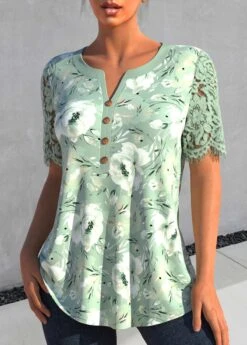 Floral Print Lace Sage Green Split Neck Blouse -Rosewe Promotion Store 327186 P 1676963137709