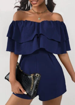 Ruffle Off Shoulder Navy Half Sleeve Romper