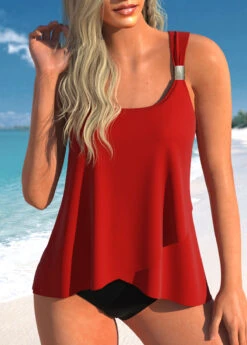 Wide Strap Cross Hem Red Tankini Top-No Bottom
