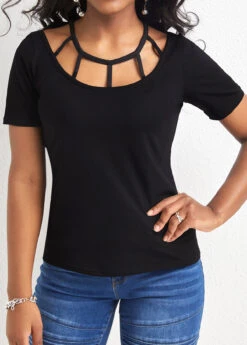 Cut Out Short Sleeve Black T Shirt -Rosewe Promotion Store 327264 P 16777450162153