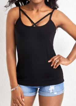 Criss Cross Black Strappy Square Neck Camisole Top