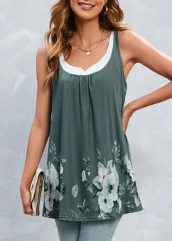 Floral Print Patchwork Green Scoop Neck Tank Top -Rosewe Promotion Store 327275 P 16795494321885