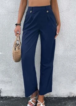 Navy Elastic Waist High Waisted Pants -Rosewe Promotion Store 327282 P 1677476638109