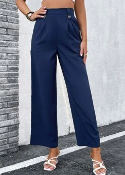 Navy Elastic Waist High Waisted Pants -Rosewe Promotion Store 327282 P 1677476638717