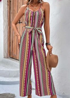 Striped Tie Belted Multi Color Ankle Length Jumpsuit -Rosewe Promotion Store 327287 P 1677476718344