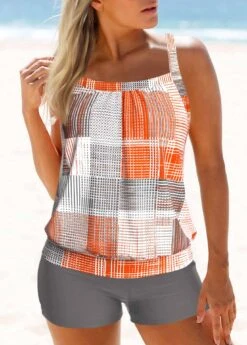 Geometric Print Criss Cross Orange Tankini Top-No Bottom