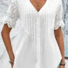 Scalloped Hem White Short Sleeve Split Neck Blouse -Rosewe Promotion Store 327465 P 16799726341570