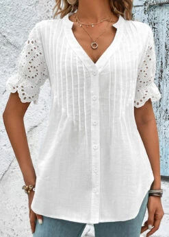 Scalloped Hem White Short Sleeve Split Neck Blouse