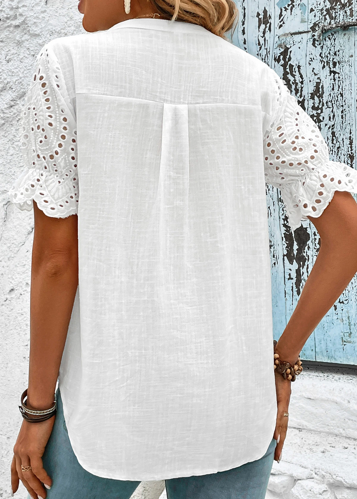 Scalloped Hem White Short Sleeve Split Neck Blouse 4 Scalloped Hem White Short Sleeve Split Neck Blouse - Image 2