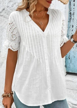 Scalloped Hem White Short Sleeve Split Neck Blouse 9 Scalloped Hem White Short Sleeve Split Neck Blouse -Rosewe Promotion Store 327465 P 16799726346422