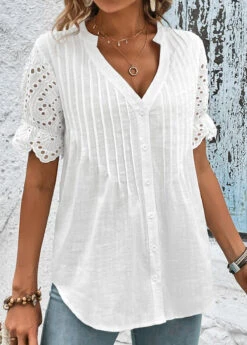 Scalloped Hem White Short Sleeve Split Neck Blouse 10 Scalloped Hem White Short Sleeve Split Neck Blouse -Rosewe Promotion Store 327465 P 16799726346493