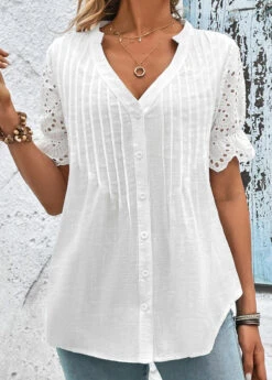 Scalloped Hem White Short Sleeve Split Neck Blouse 11 Scalloped Hem White Short Sleeve Split Neck Blouse -Rosewe Promotion Store 327465 P 16799726346844