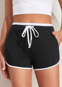 Drawastring Contrast Binding Black Regular High Waisted Shorts -Rosewe Promotion Store 327485 P 16805996932972