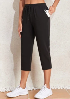 Drawastring Pocket Black Regular High Waisted Pants