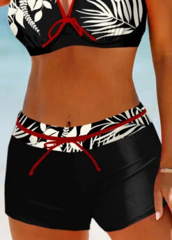 Mid Waisted Black Leaf Print Swim Shorts