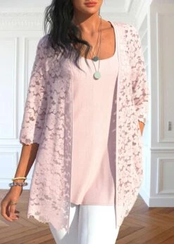 Light Pink Scoop Neck Lace Tank Top And Cardigan -Rosewe Promotion Store 327553 P 1677146947506