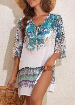 Fish Scales Print Tie White Cover Up