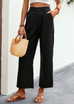 Zipper Pocket Black Elastic Waist High Waisted Pants
