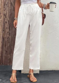 White Drawastring High Waisted Pocket Pants -Rosewe Promotion Store 327603 P 16824778022565